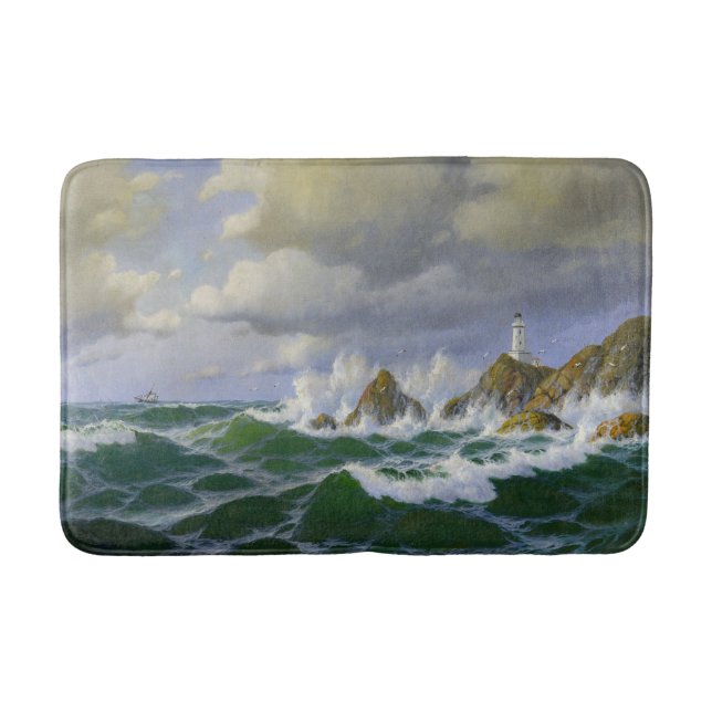 Ocean Beach Lighthouse Waves Boat Rocks Bathmat (Front)