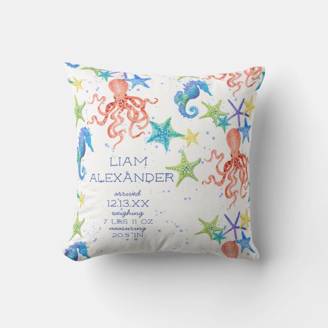 Ocean Beach Octopus Seahorse Boy Baby Birth Stat Cushion (Front)