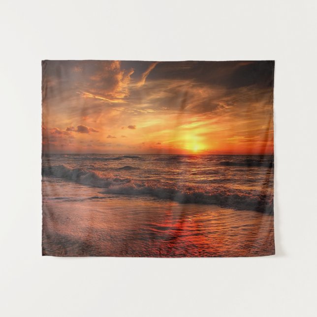 Ocean Beach Orange Sunset Wall Tapestry (Front (Horizontal))