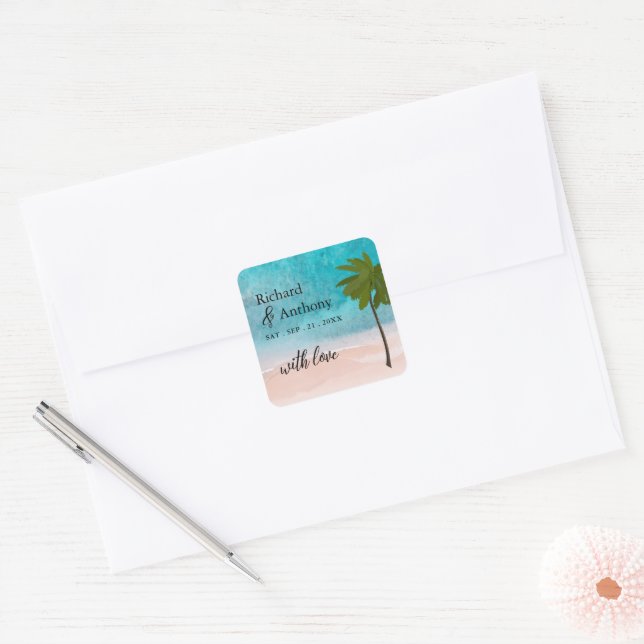 Ocean Beach Palm Tree Wedding Favor Square Sticker (Envelope)