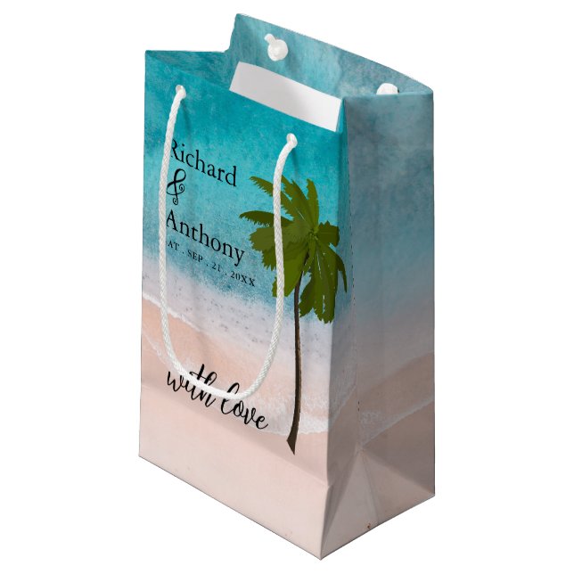 Ocean Beach Palm Tree Wedding Favour Small Gift Bag (Front Angled)