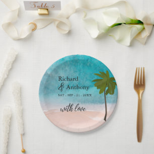 Ocean Beach Palm Tree Wedding  Paper Plate