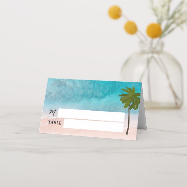 Ocean Beach Palm Tree Wedding Place Card (Front)