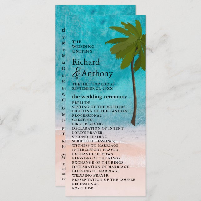 Ocean Beach Palm Tree Wedding Programme (Front/Back)