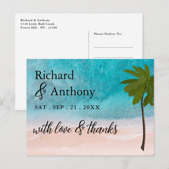 Ocean Beach Palm Tree Wedding Thank You Postcard (Front/Back)