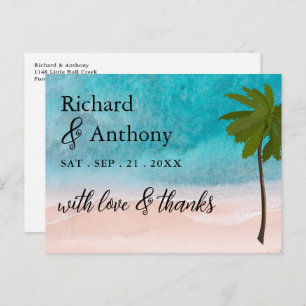 Ocean Beach Palm Tree Wedding Thank You Postcard