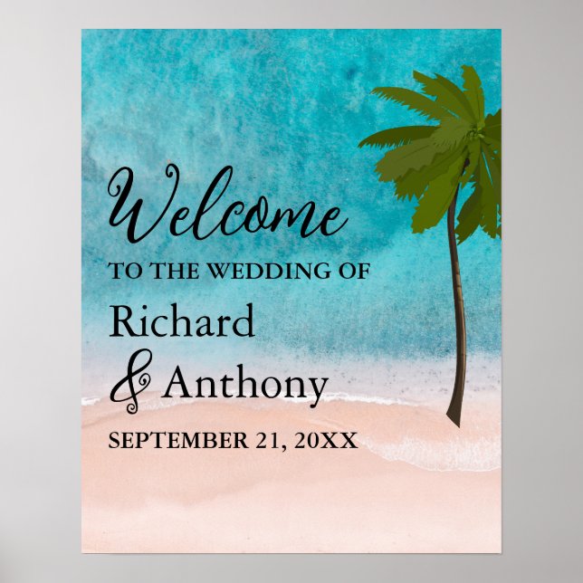 Ocean Beach Palm Tree Wedding Welcome Poster (Front)