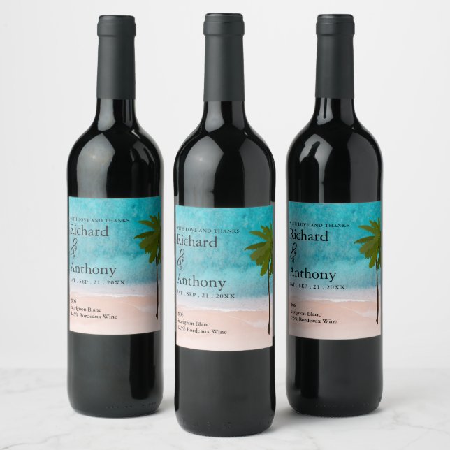 Ocean Beach Palm Tree Wedding Wine Label (Bottles)