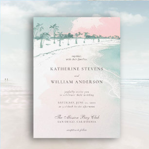 Ocean Beach Palm Trees Pink Sky Elegant Wedding Invitation