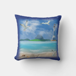 Ocean Beach Paradise Lighthouse Seagulls Shells Cushion