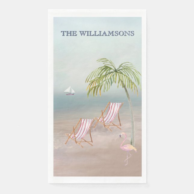 Ocean Beach Personalised Palm Trees Flamingo Napkin (Front)