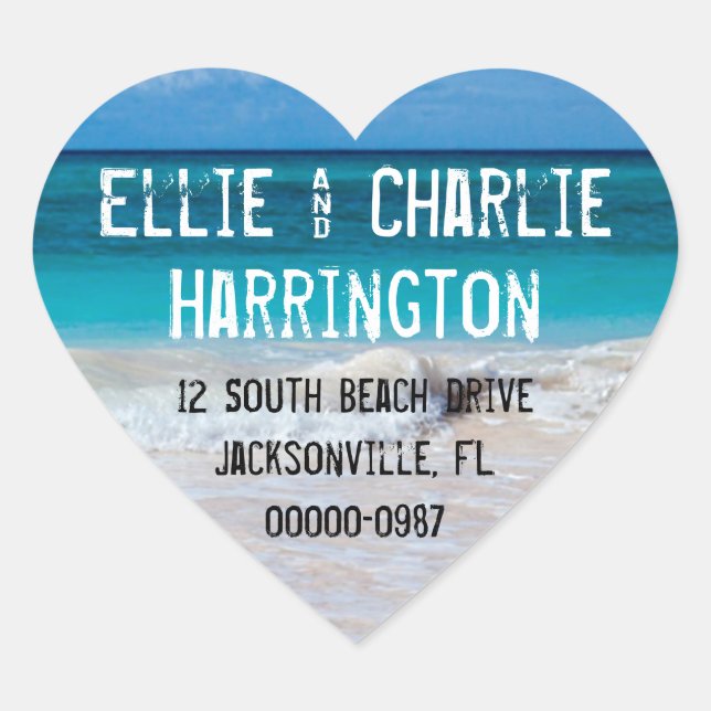 Ocean Beach Return Address Heart Shaped Stickers (Front)