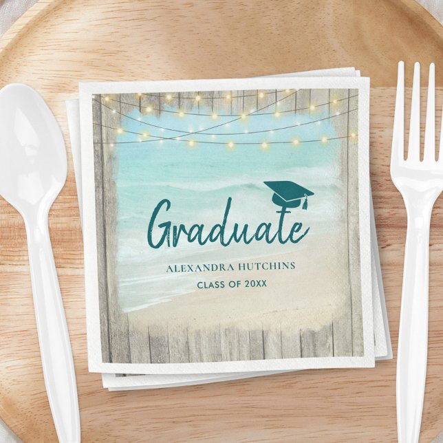 Ocean Beach Rustic Wood Lights Graduate Party Napkin (Creator Uploaded)