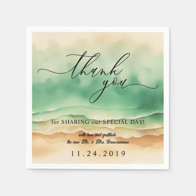 Ocean Beach Sand Watercolor Thank You Napkin (Front)
