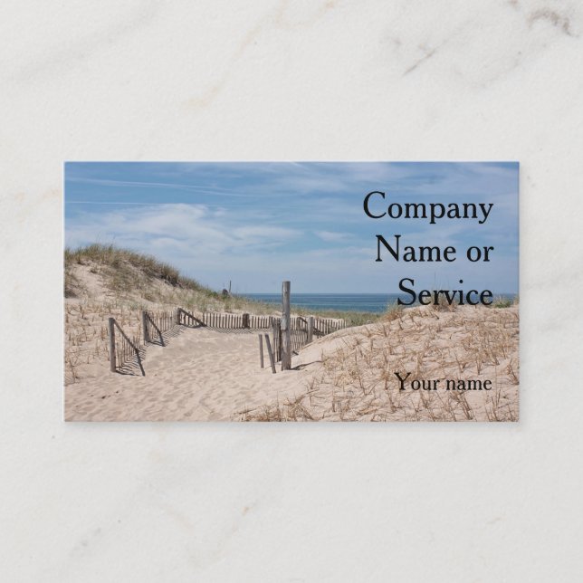 Ocean beach scene with dune fence and sandy path business card (Front)