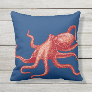 Ocean Beach Sea Life Red Octopus Modern Vintage 4 Outdoor Cushion