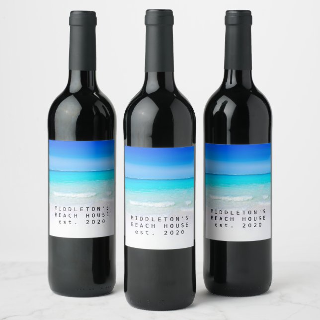 Ocean Beach Sea Personal Aqua Blue Modern Wine Label (Bottles)