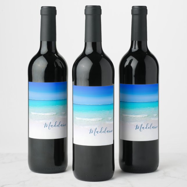 Ocean Beach Sea Personal Name Aqua Blue Modern Wine Label (Bottles)