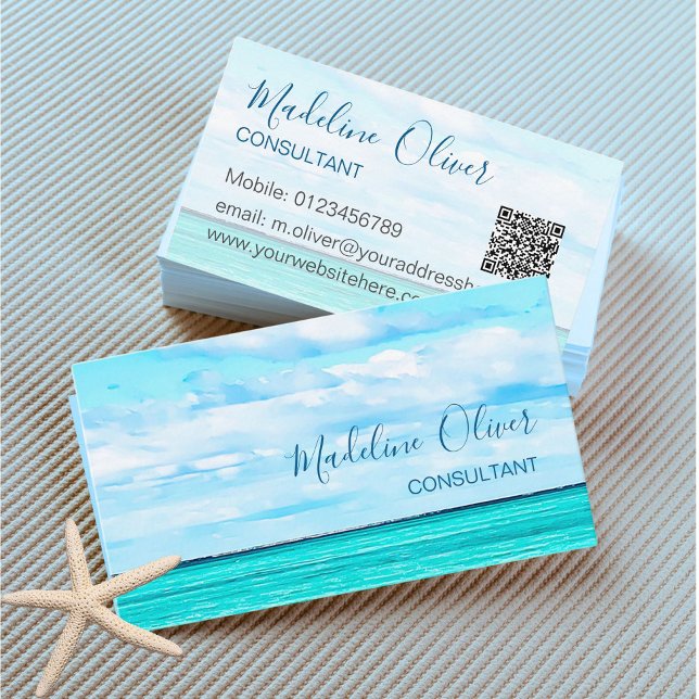 Ocean Beach Sea Travel QR Code  Aqua Blue Stylish Business Card (Creator Uploaded)