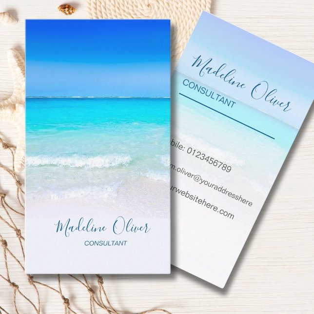 Ocean Beach Sea Travel  Spa Aqua Blue Stylish Business Card (Creator Uploaded)