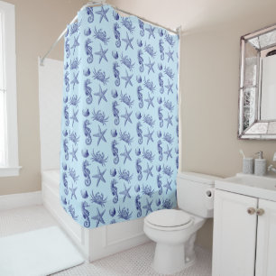 Ocean Beach Seahorse Starfish Crab & Shell Pattern Shower Curtain