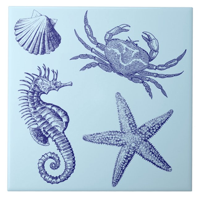 Ocean Beach Seahorse Starfish Crab & Shell Pattern Tile (Front)