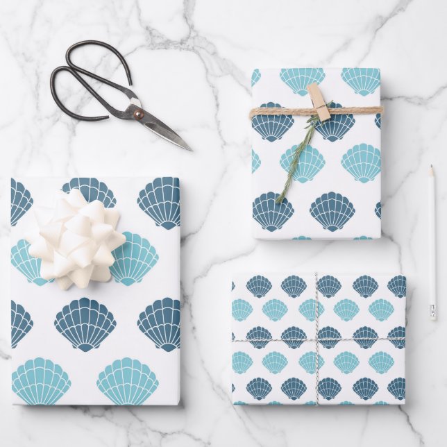 Ocean Beach Seashells Blue Pattern Theme Wrapping Paper Sheet (Front)