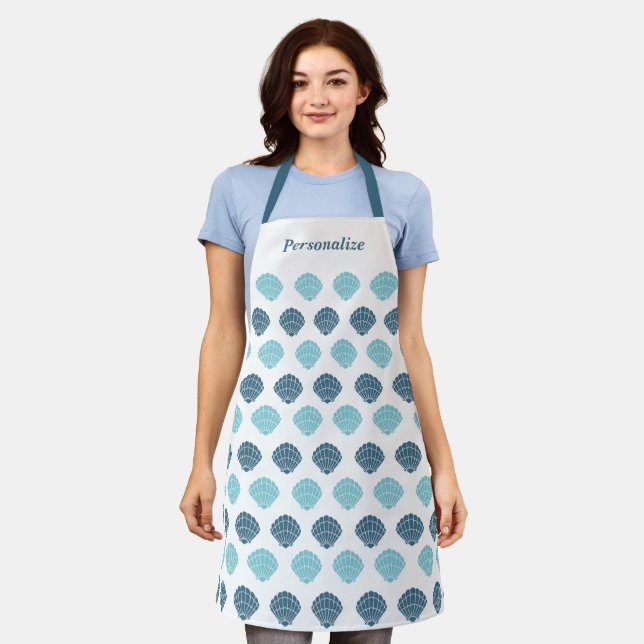 Ocean Beach Seashells Blue Personalised Cooking Apron (Worn)