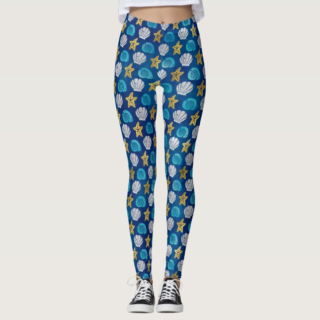 Ocean Beach Seashells Starfish Blue Yoga Leggings (Front)