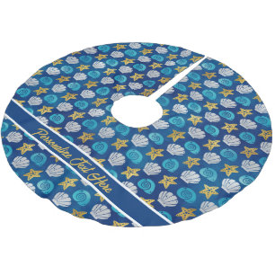 Ocean Beach Seashells Starfish Navy Blue Christmas Brushed Polyester Tree Skirt