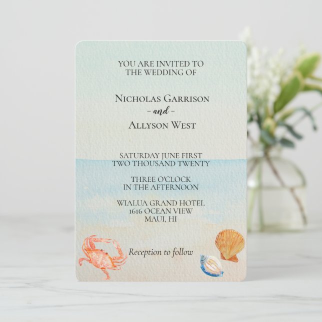 Ocean Beach Shells Wedding Invitation (Standing Front)