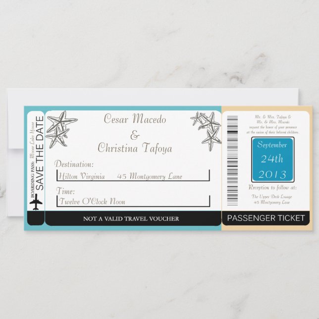 Ocean Beach Shore Boarding Pass Wedding Invitation (Front)