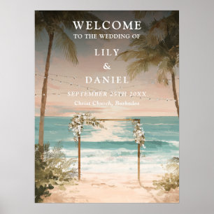 Ocean Beach String Lights Wedding Welcome Sign