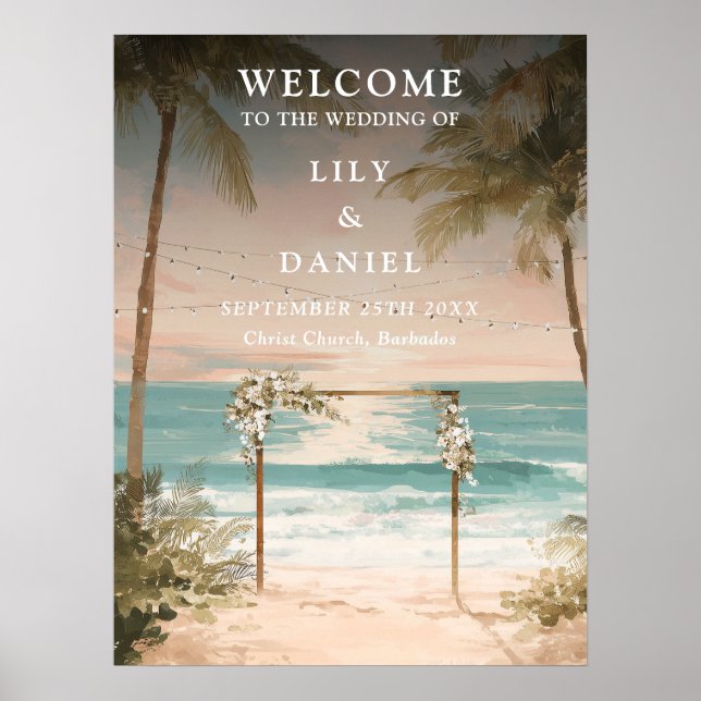 Ocean Beach String Lights Wedding Welcome Sign (Front)