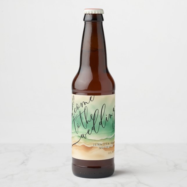 Ocean Beach Summer Green Sea Wedding Beer Bottle Label (Front)