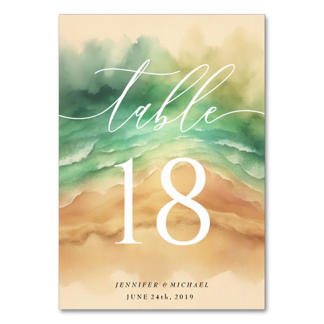 Ocean Beach Summer Sun Sand Watercolor Table Number (Front)