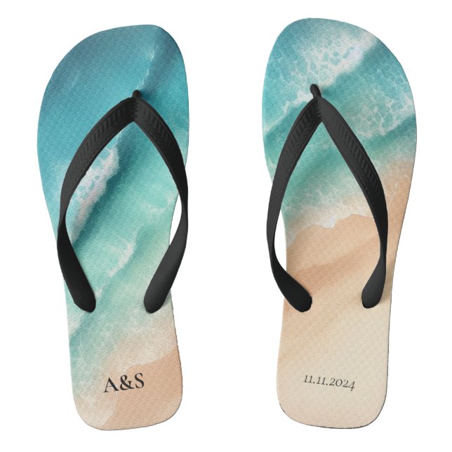 Ocean Beach SUMMER Watercolor Elegant Wedding Flip Flops (Footbed)