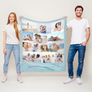 Ocean Beach Theme Family Photo Memory Collage Grid Fleece Blanket