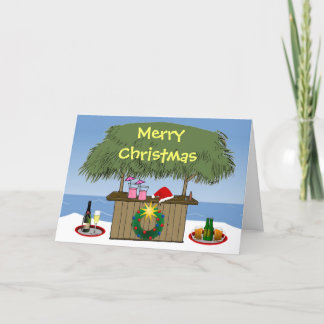 Ocean Beach Tropical Tiki Hut Drinks Christmas Fun Holiday Card