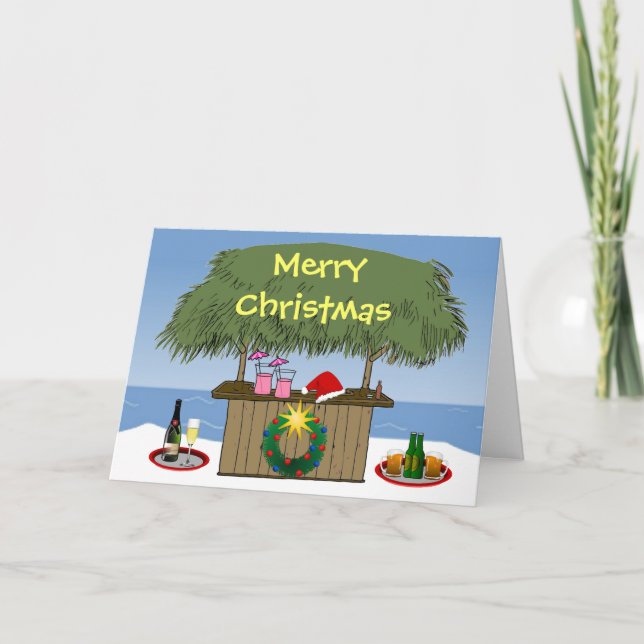 Ocean Beach Tropical Tiki Hut Drinks Christmas Fun Holiday Card (Front)