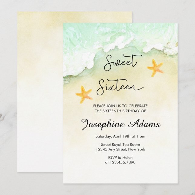 Ocean Beach Tropical Watercolor Sweet Sixteen Invitation (Front/Back)
