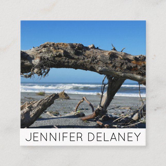Ocean Beach Waves Driftwood Nature Photo Travel  Square Business Card (Front)