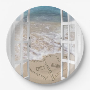 Ocean beach wedding hearts in window paper plate