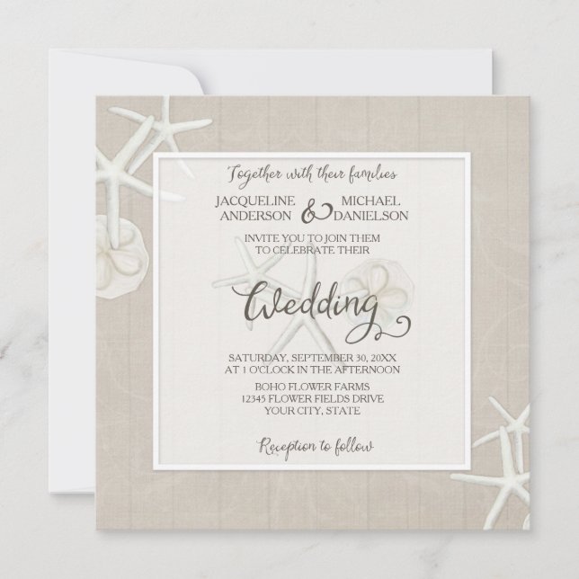 Ocean Beach Wedding Starfish Damask Wooden Rustic Invitation (Front)