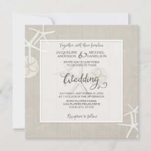 Ocean Beach Wedding Starfish Damask Wooden Rustic Invitation