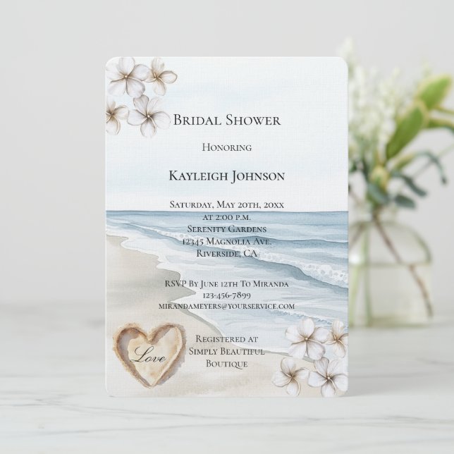 Ocean Beach White Floral Sand Heart Bridal Shower  Invitation (Standing Front)