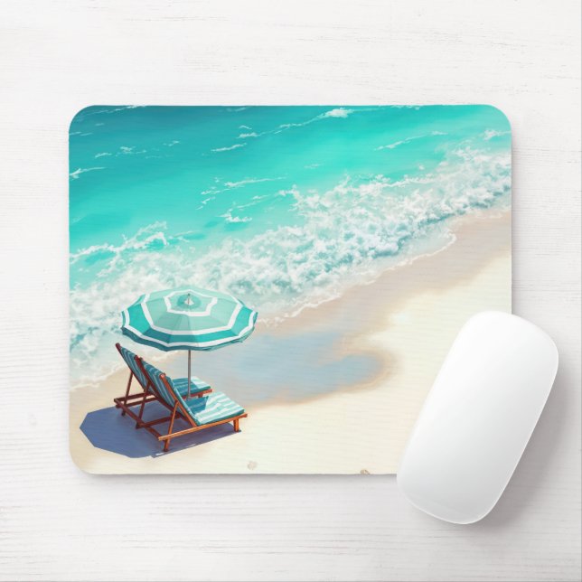 Ocean Beach With Chaise Lounge and Umbrella Mouse Mat (With Mouse)