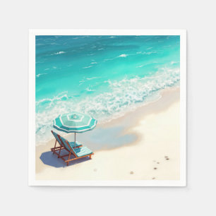 Ocean Beach With Chaise Lounge and Umbrella Napkin