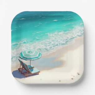 Ocean Beach With Chaise Lounge and Umbrella Paper Plate