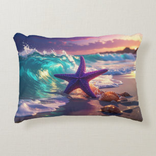 Ocean beach with violet starfish decorative cushion